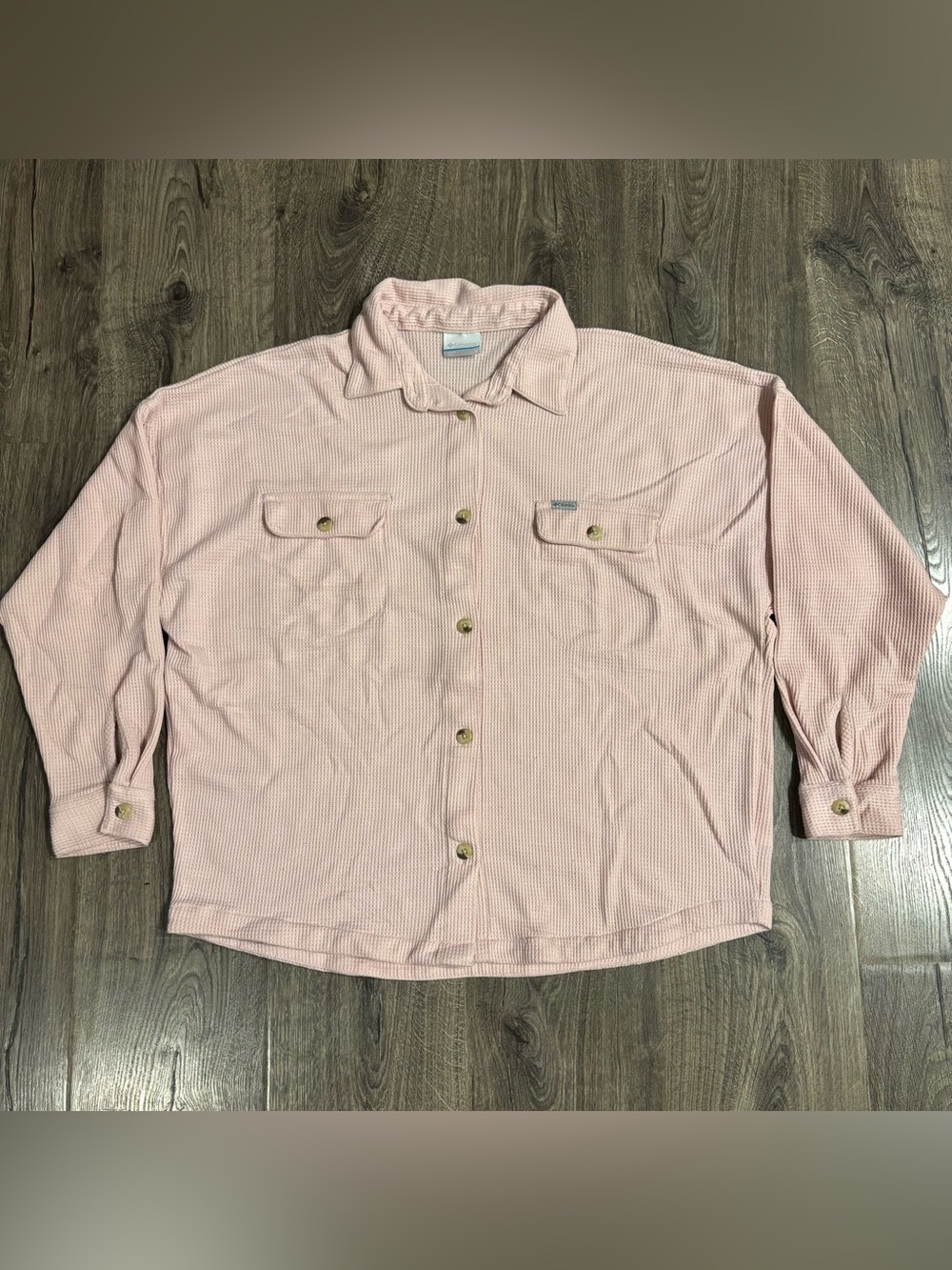 Columbia Holly Hideaway Dusty Pink Long-Sleeve Button-Down Waffle Shacket Sz Lrg